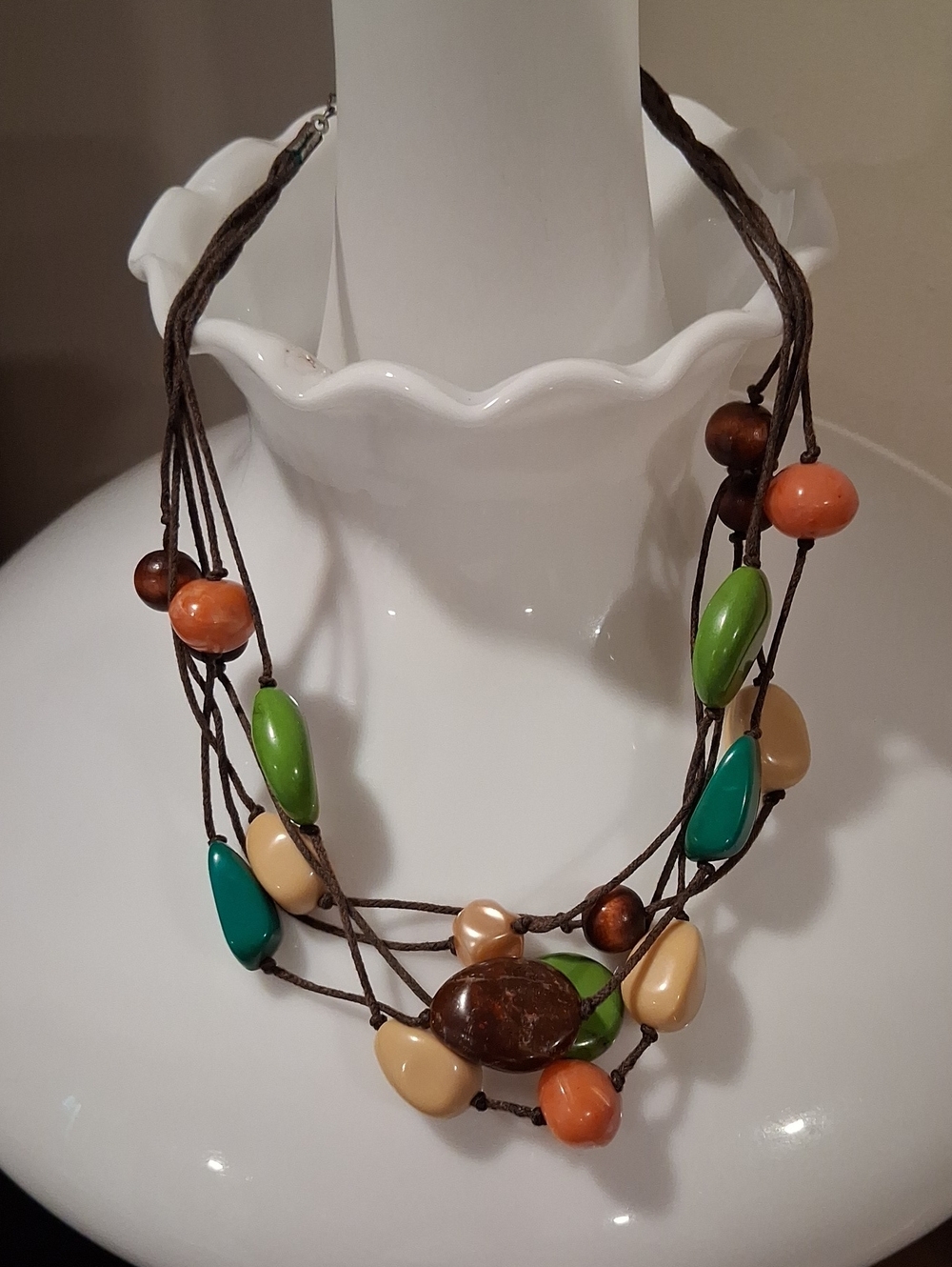 Boho Multistrand Bead Necklace in Green, Orange, Cream and Brown